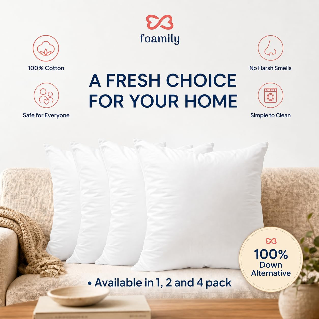 12X12 Throw Pillow Insert, 100% Cotton Cover, down Alternative | Cotton Cover, Plush Down-Alternative Fill, Machine Washable Fits 12X12 Covers Couch, Sofa, Bed, Nursery Décor