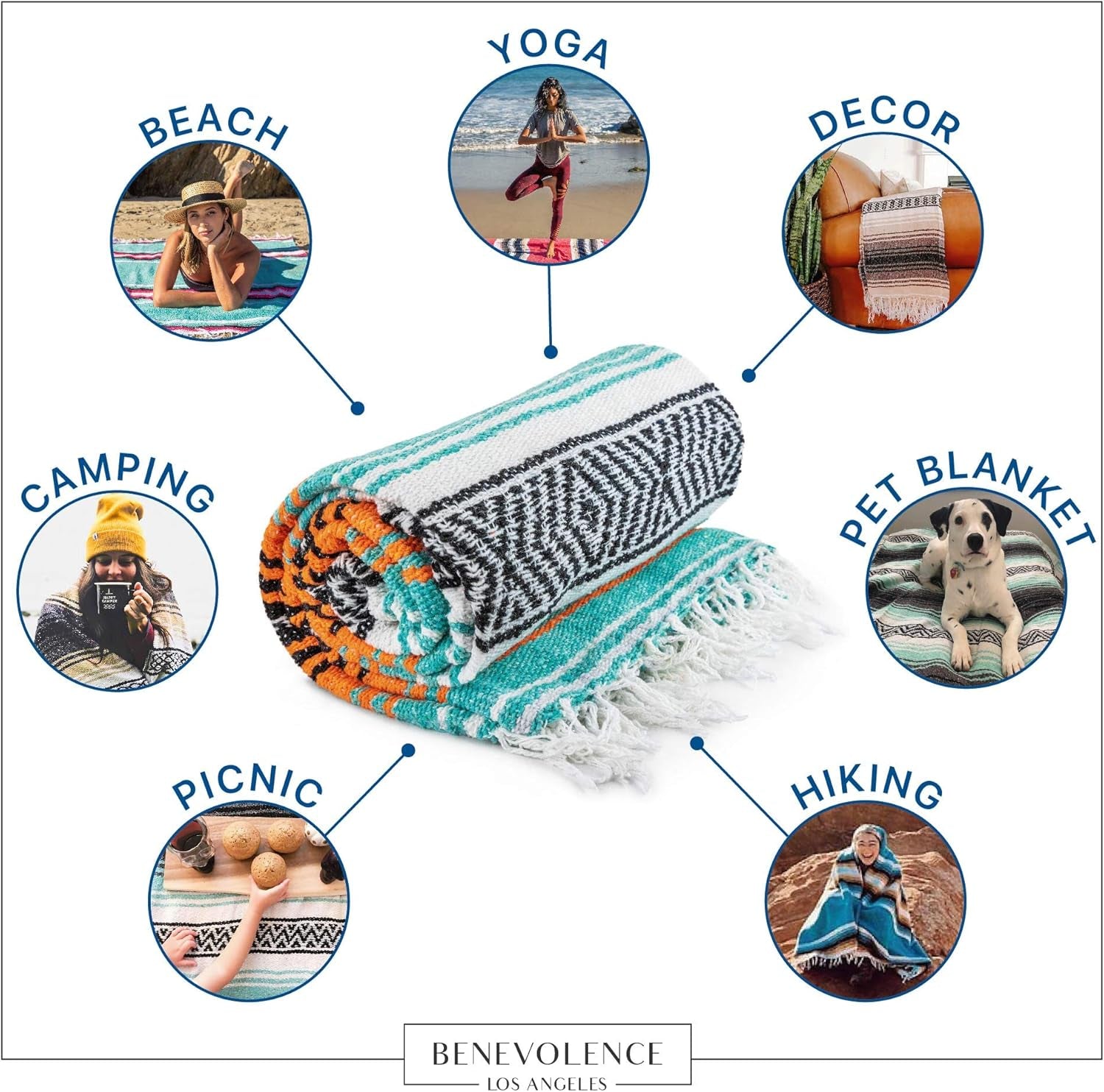Authentic Mexican Blanket – Handwoven Falsa Serape Throw – Beach, Camping, Picnic & Yoga Blanket – Lightweight Cotton Throw for Outdoor & Home – Mandarin, 50X70 In