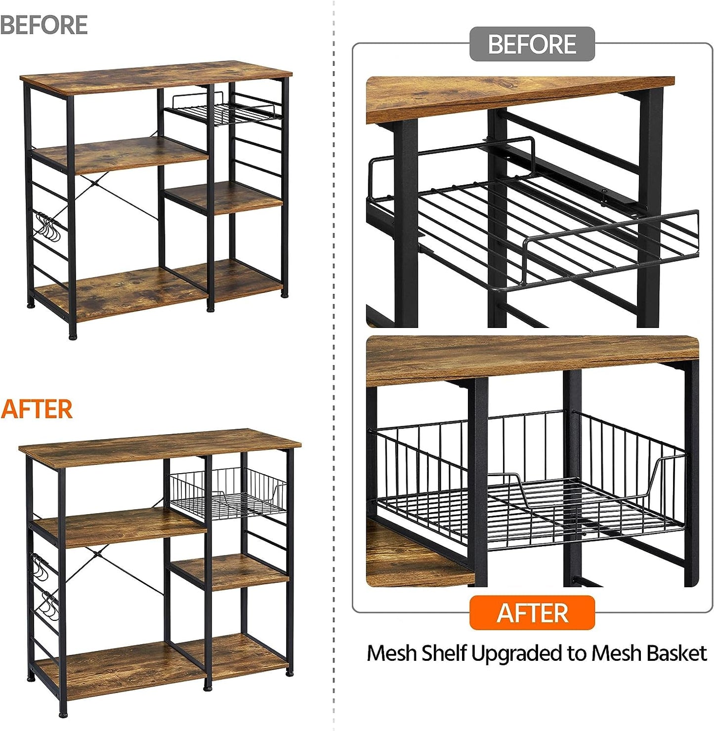Yaheetech 4-Tier Bakers Rack,Microwave Stand for Coffee Bar,Rustic Brown | Metal Coffee Station, Kitchen Racks Shelf with Storage,Wire Basket, Hooks,Adjustable Feet for Kitchenette,Small Apartment