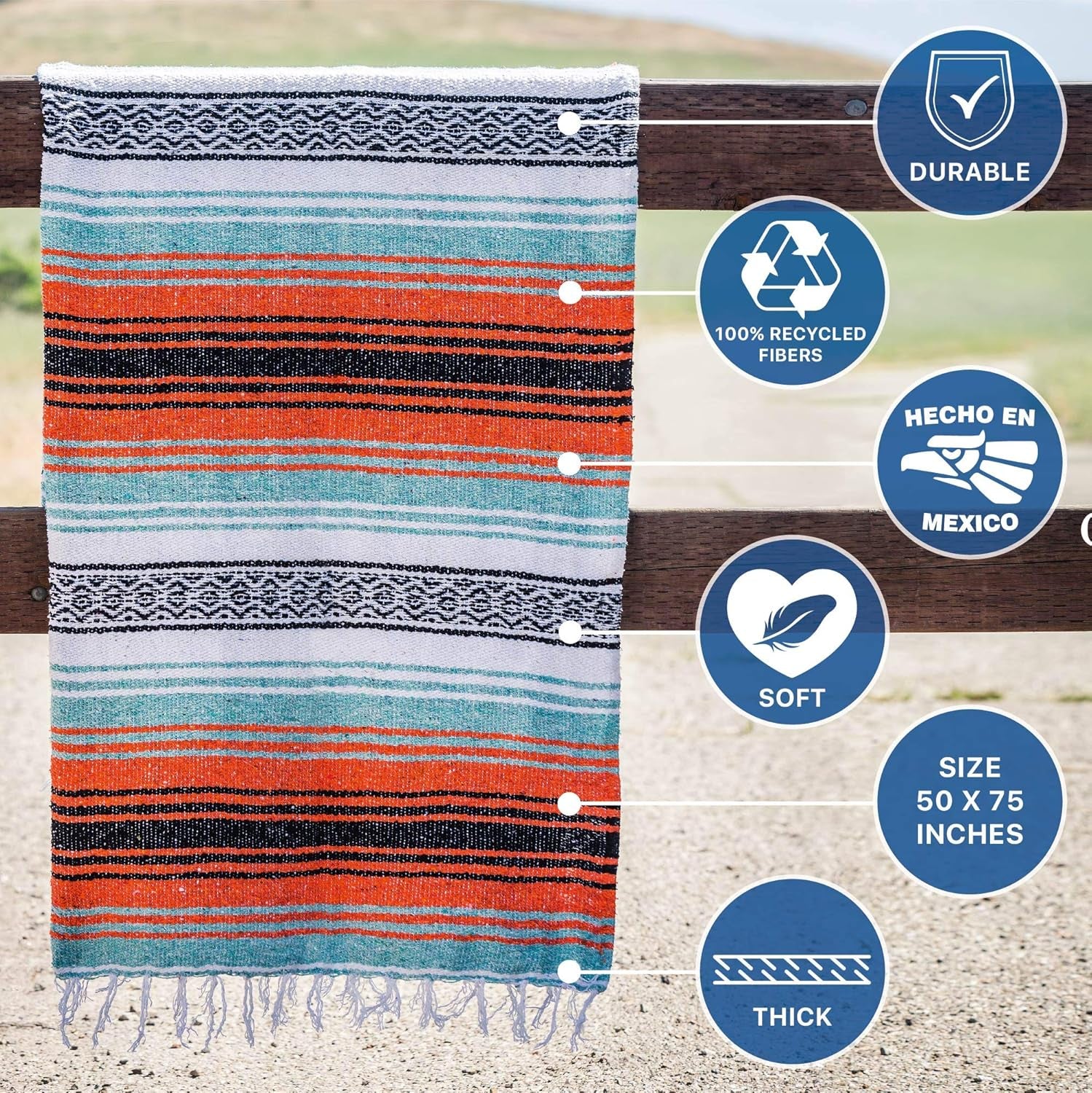 Authentic Mexican Blanket – Handwoven Falsa Serape Throw – Beach, Camping, Picnic & Yoga Blanket – Lightweight Cotton Throw for Outdoor & Home – Mandarin, 50X70 In